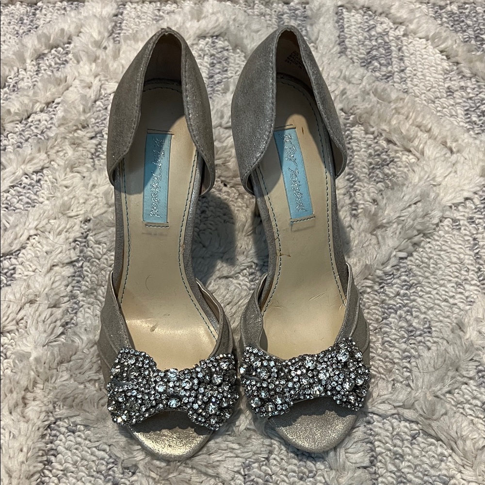 Elegant Betsey Johnson Silver Peep-Toe Heels with Bow Accent